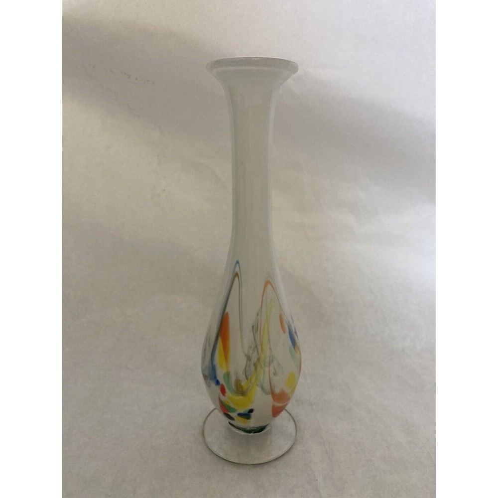 Murano Style Multicolor Speckled Long Neck Art Bud Vase 9” Tall - Picture 3 of 6
